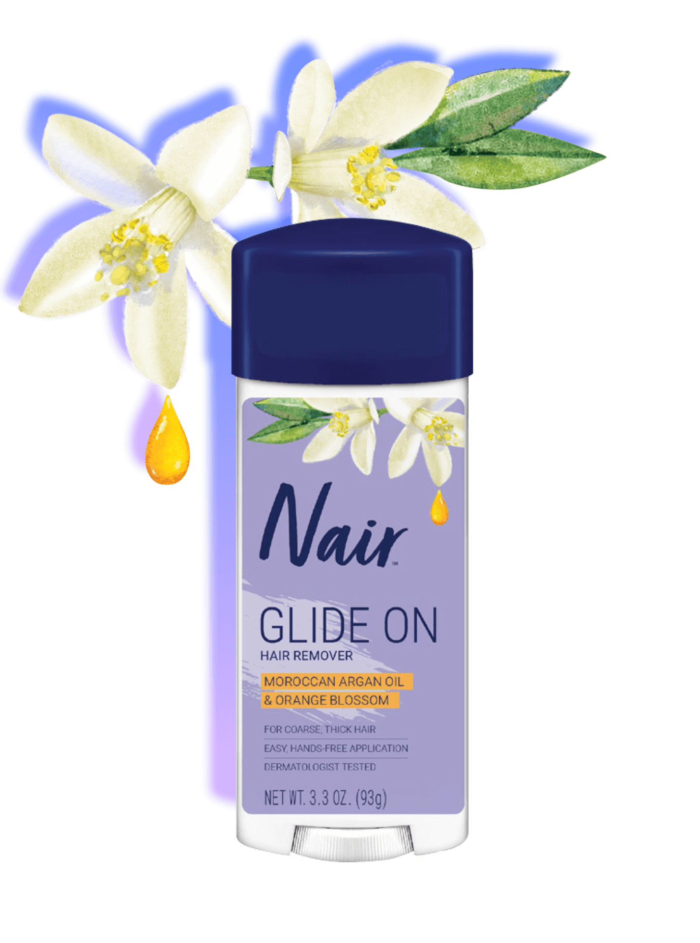 Nair Glide On Hair Remover with argan oil & orange blossom in adjustable package for hands-free use.