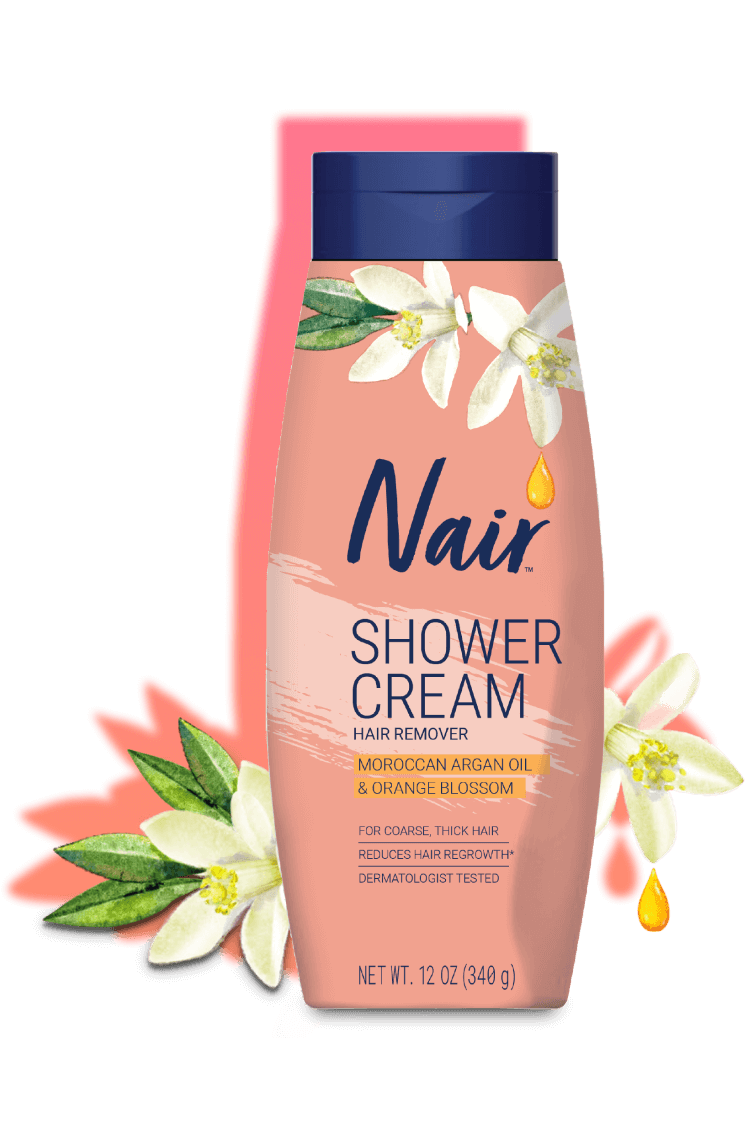Nair Shower Cream Hair Remover with argan oil and orange blossom in a convenient 13 oz. pump package.