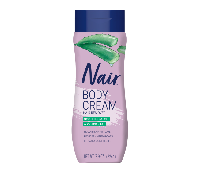 Nair Body Cream Hair Remover with soothing aloe and water lily in a 9 oz. squeeze tube package.