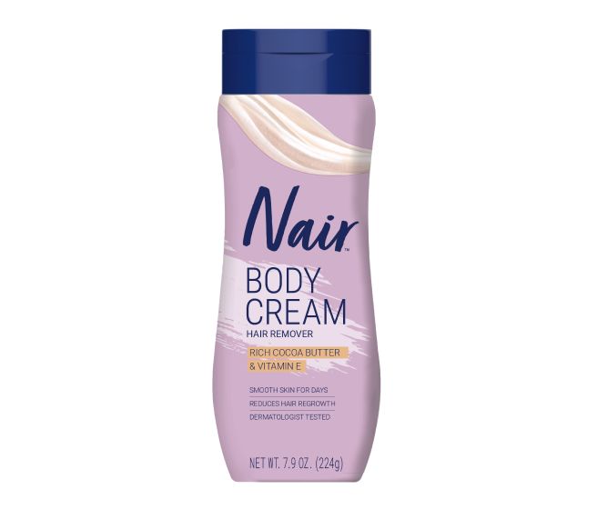 Nair Body Cream Hair Remover with cocoa butter and vitamin E in a 9 oz. squeeze tube package.