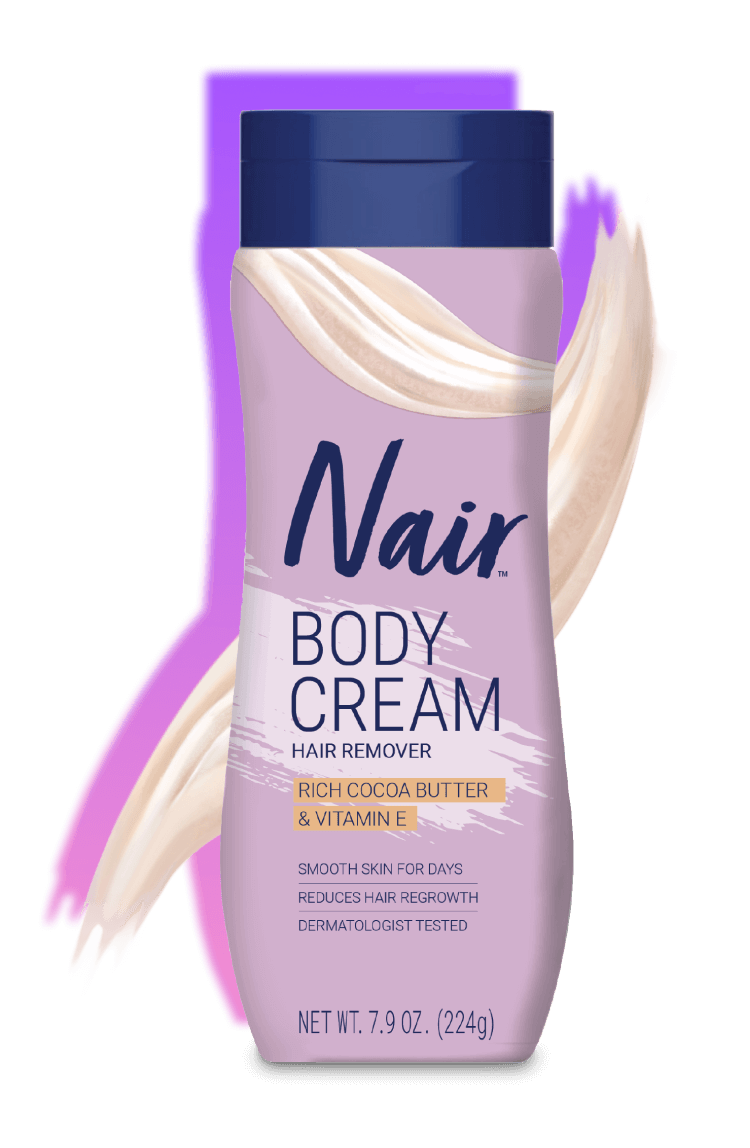 Nair Body Cream Hair Remover with cocoa butter and vitamin E in a 9 oz. squeeze tube package.