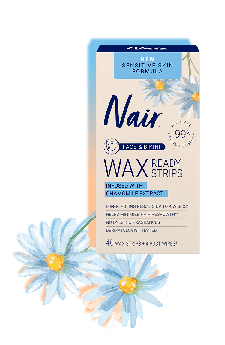 Nair Sensitive Wax Ready-Strips to remove hair from the face and bikini in a 40-count package.