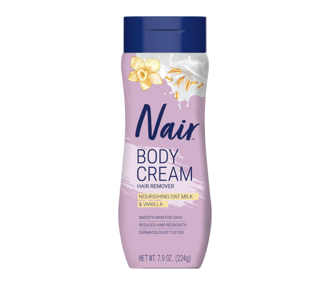 Nair Body Cream Hair Remover with softening baby oil in a 9 oz. squeeze tube package.