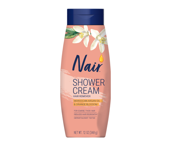 Nair Shower Cream Hair Remover with argan oil and orange blossom in a convenient 13 oz. pump package.